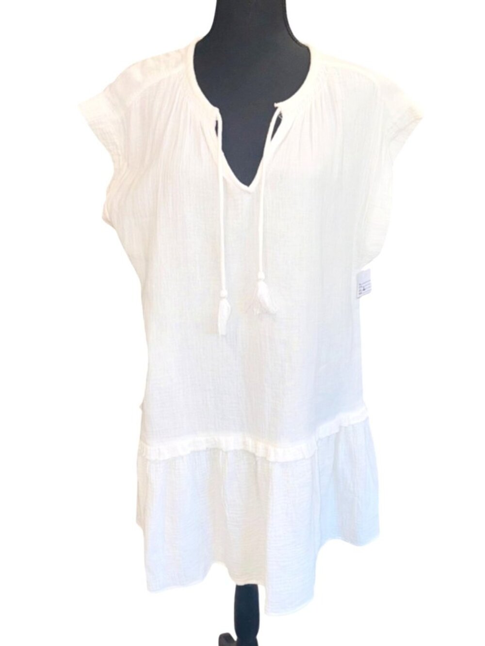 White Cotton Peasant-Style Tiered Dress Tassel Tie Neckline The Impeccable Pig